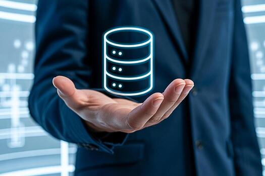 Data management concept with database server icon in hand for cloud storage and network solutions design photo