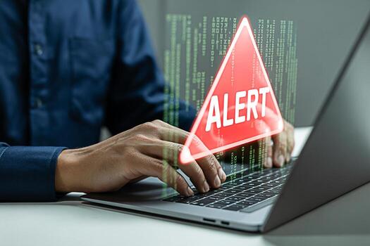 Cyber security alert on laptop computer with red warning sign for virus malware attack detection system photo