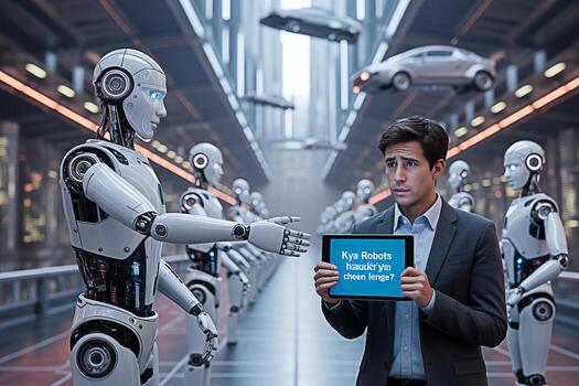 Will robots take over jobs ai automation and future of work concept with man and robot interaction scene photo