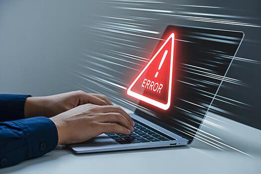 Computer error alert on laptop screen with hands typing for troubleshooting and system recovery process photo