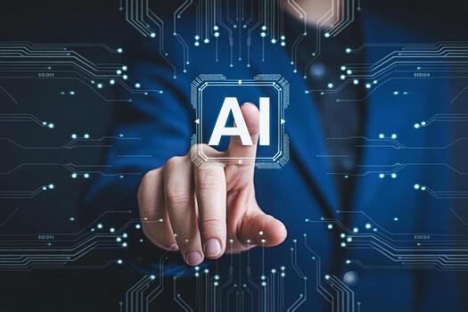 Artificial intelligence ai technology concept with circuit board and man touching screen interface 100 photo