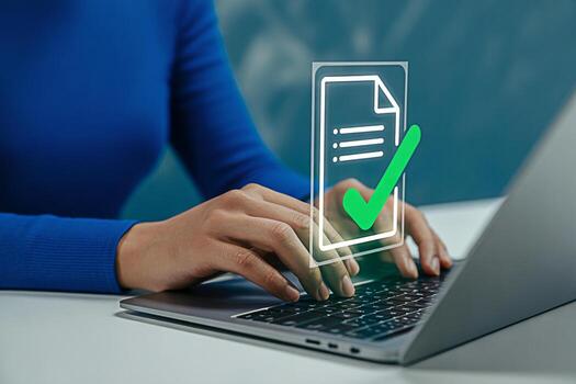 Online document approval process with laptop for digital workflow and efficient task management system photo