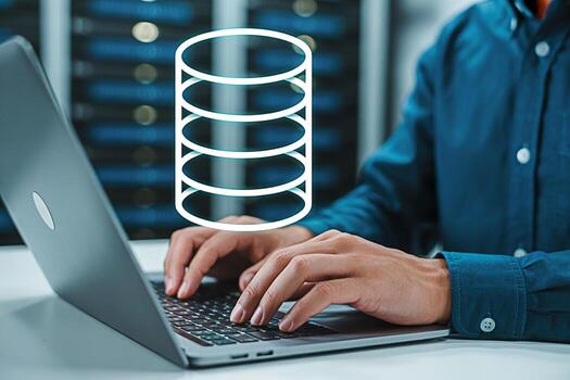 Database management system with laptop for data storage and cloud computing solutions concept on server room 100 photo