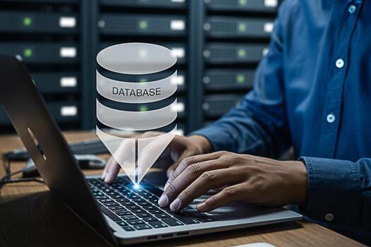 Database management system on laptop for data storage and server room administration and cloud computing photo