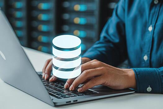 Data management cloud computing database server administration it professional using laptop concept 100 photo