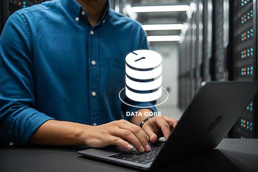Data center engineer working on laptop managing data core in server room for data management system photo