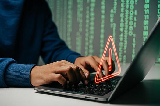 Cyber security threat alert on laptop computer warning sign hacker attack vulnerability risk management 100 photo