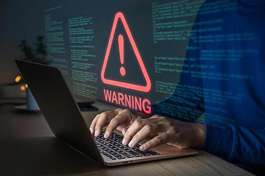 Cyber security warning alert on laptop screen with hacker typing code for malware attack threat 100 photo