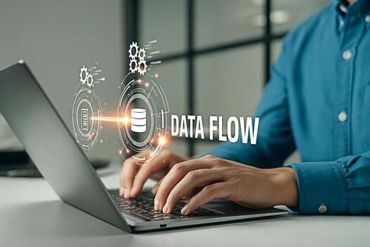 Data flow management with laptop for business intelligence and data analytics strategy process 100 photo