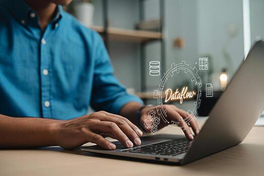 Dataflow management on laptop for business intelligence and data analytics automation and integration tools photo