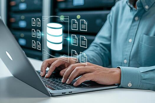 Data management and database administration with server and laptop for digital transformation era photo