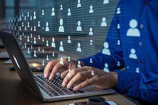 Understanding social media marketing strategy and networking online with laptop user interface icons photo