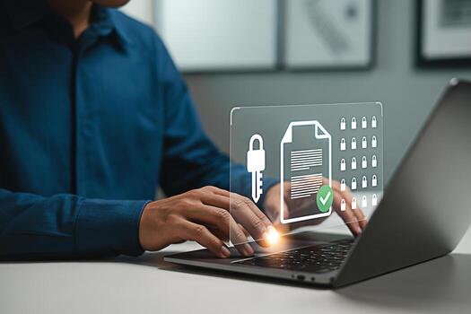 Secure document management system with encryption technology on laptop for data protection online photo