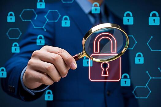 Cybersecurity audit and data protection with magnifying glass for network security analysis concept photo