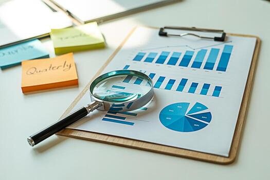 Analyzing business data charts and graphs with magnifying glass for strategic planning and review process photo