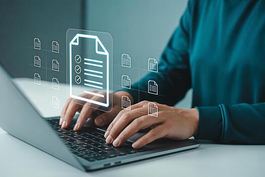 Document management system for online checklist and digital workflow automation on laptop computer use photo