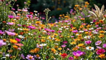 un vibrante jardín de flores silvestres floreciente libremente, bañado en amable luz de sol, pacífico y vacío. foto