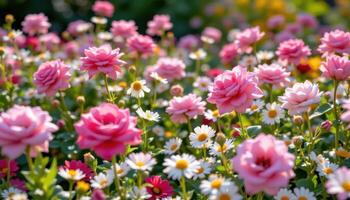 un delicado flor jardín lleno con rosas y margaritas, brillante suavemente debajo sereno luz. foto