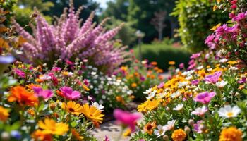 un pacífico jardín floreciente en brillante luz, lleno con vistoso flores, calma y tranquilo. foto