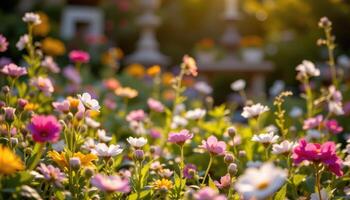 un sereno jardín brillante en dorado Mañana luz de sol, lleno con delicado y vibrante florece foto