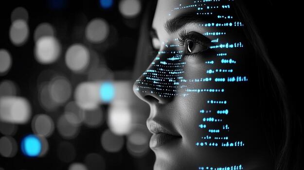 Digital Persona Womans Face with Binary Code Overlay photo