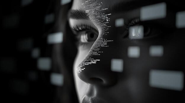 Digital Persona A Closeup of a Womans Face Overlaid with Binary Code photo