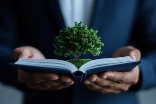 Growth, Knowledge, and Sustainability A symbolic image of a tree sprouting from an open book held in hands, representing the nurturing of knowledge for a sustainable future. photo