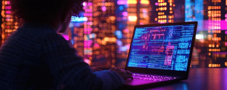 noche descifrador un silueta de un programador trabajando tarde en contra un vibrante paisaje urbano foto