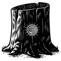 Tree stump with spiral sun symbol engraving natural wood texture, rings, forest ground roots, vintage woodcut vector