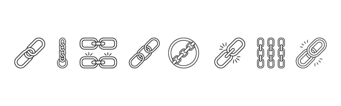 Set of chain link icons. Includes chains, round links, interlocked chains, and different connection shapes. Simple outlined design. vector