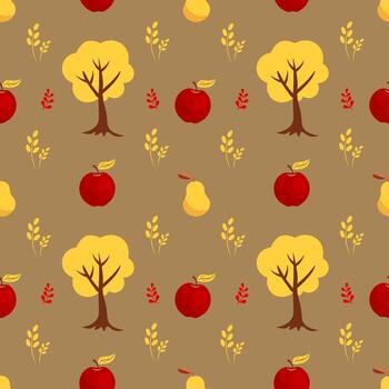 sin costura otoño modelo con arboles y manzanas en un beige antecedentes vector