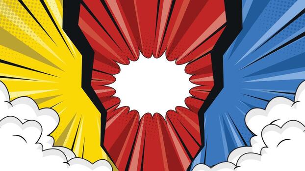 Dynamic pop art background featuring red yellow and blue rays with white cartoon clouds, ideal for comic style posters, banners, presentations and creative graphic projects. vector