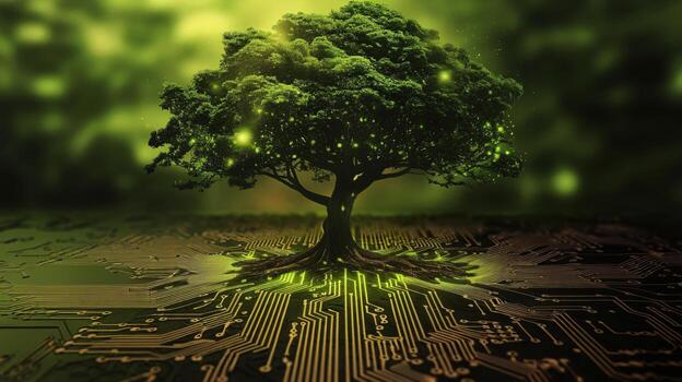 A vibrant tree emerges from a circuit board, symbolizing the fusion of nature and technology. photo