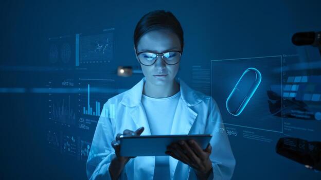 Female scientist in a lab coat using a tablet, surrounded by digital data and medical graphics. photo
