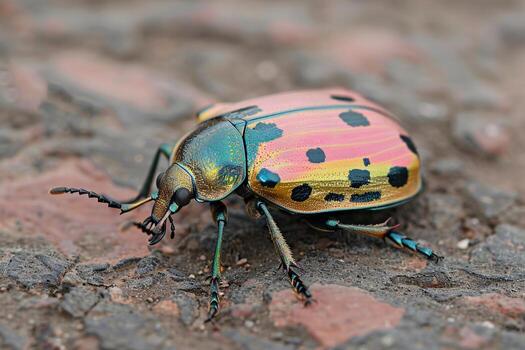 de cerca de un vibrante, vistoso escarabajo con intrincado patrones en sus caparazón. foto