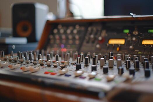 Close-up of a professional audio mixing console with colorful knobs and sliders in a studio setting. photo