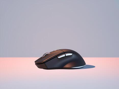 Sleek black computer mouse on a softly lit surface, showcasing modern design and functionality. photo
