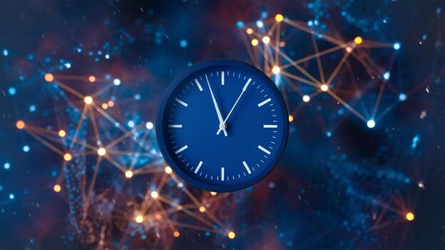 azul reloj en contra un vibrante resumen antecedentes de interconectado luces y patrones. foto