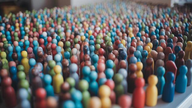 A vibrant crowd of colorful wooden figurines, creating a lively and dynamic visual display. photo