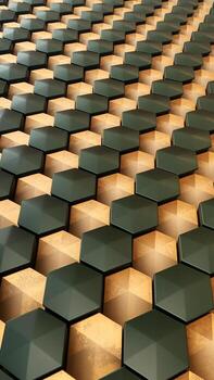 Abstract geometric pattern of hexagons in green and gold hues, creating a visually striking texture. photo
