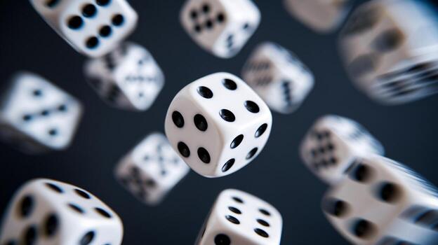 un dinámica monitor de que cae blanco dado en contra un oscuro fondo, creando un animado y juguetón humor. foto