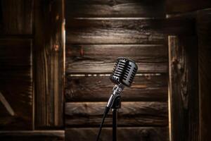 un Clásico micrófono soportes solo en frente de un rústico de madera fondo, capturar el esencia de música. foto