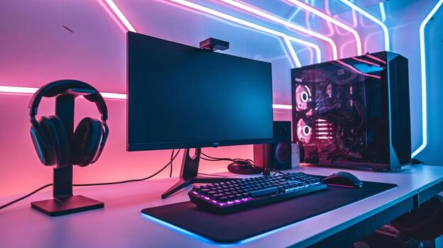 A sleek gaming setup featuring a monitor, keyboard, and glowing PC with colorful LED lighting. photo