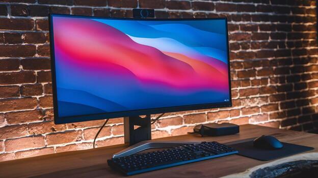 A sleek modern computer setup featuring a large monitor, keyboard, and mouse against a rustic brick wall. photo