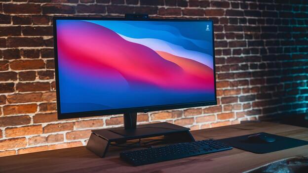 A sleek black monitor and keyboard set against a rustic brick background, creating a modern workspace vibe. photo