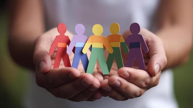 Diverse paper figures held in hands symbolizing unity and diversity in community support. photo
