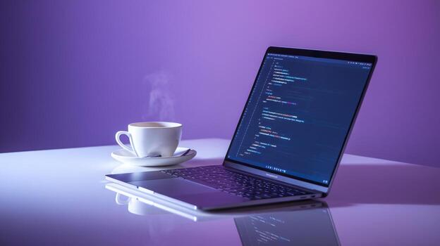 A sleek laptop displaying code with a steaming coffee cup, creating a serene workspace atmosphere. photo