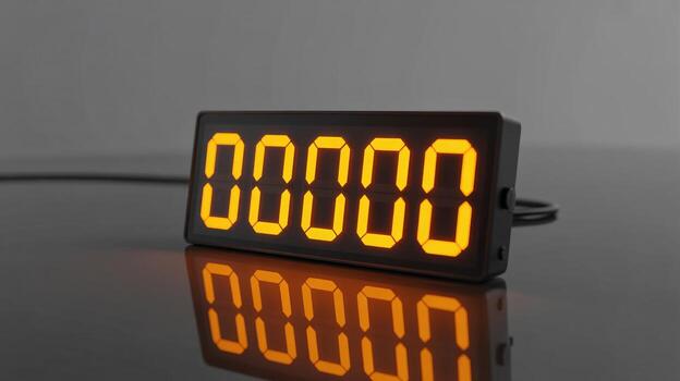 LED countdown timer displaying zero, showcasing a modern and sleek design with a reflective surface. photo