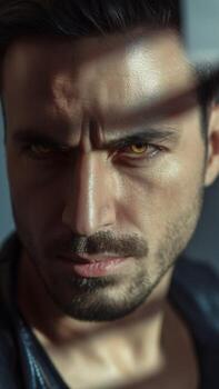 Intense portrait of a male with sharp features and striking yellow eyes, set against a soft shadowed background. photo