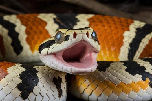 A vibrant, exotic snake displaying its colorful scales and open mouth, showcasing its unique pattern. photo